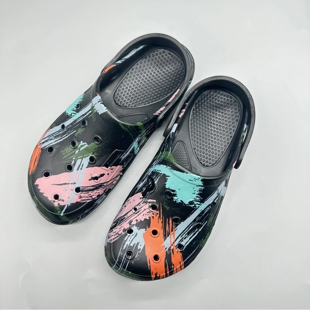 Unisex Color Splash Clogs – Size 9 Black with Multicolor Paint Design